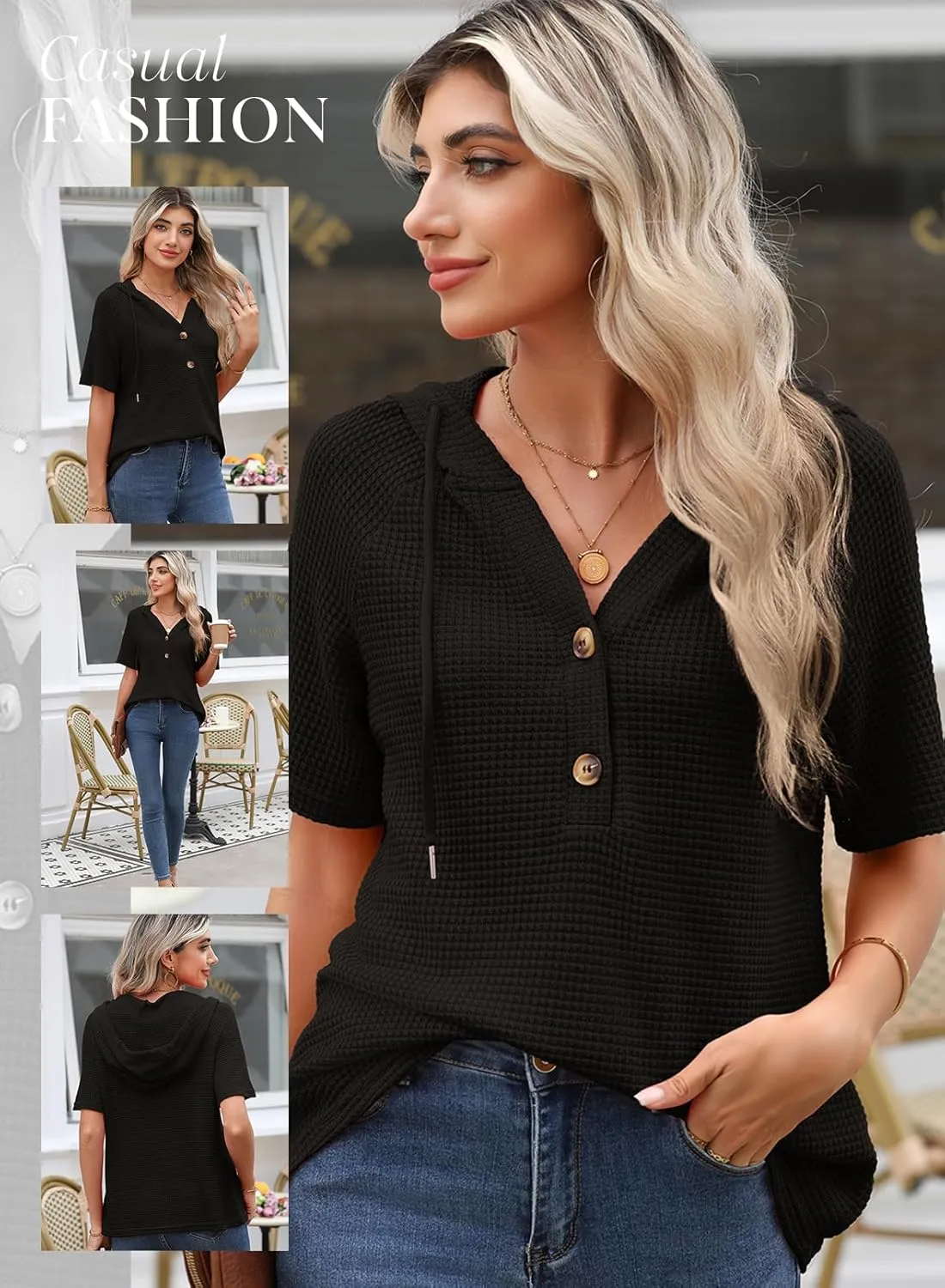 Dokotoo Womens Summer Tops Waffle Knit Short Sleeve Lightweight Drawstring Hoodies Button V Neck Casual Blouses Shirts