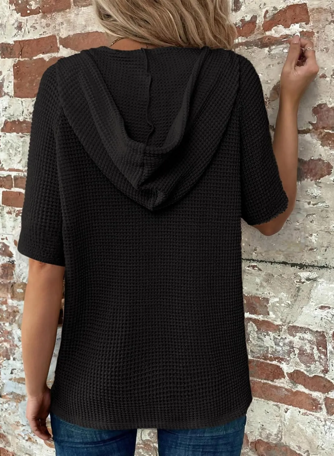 Dokotoo Womens Summer Tops Waffle Knit Short Sleeve Lightweight Drawstring Hoodies Button V Neck Casual Blouses Shirts
