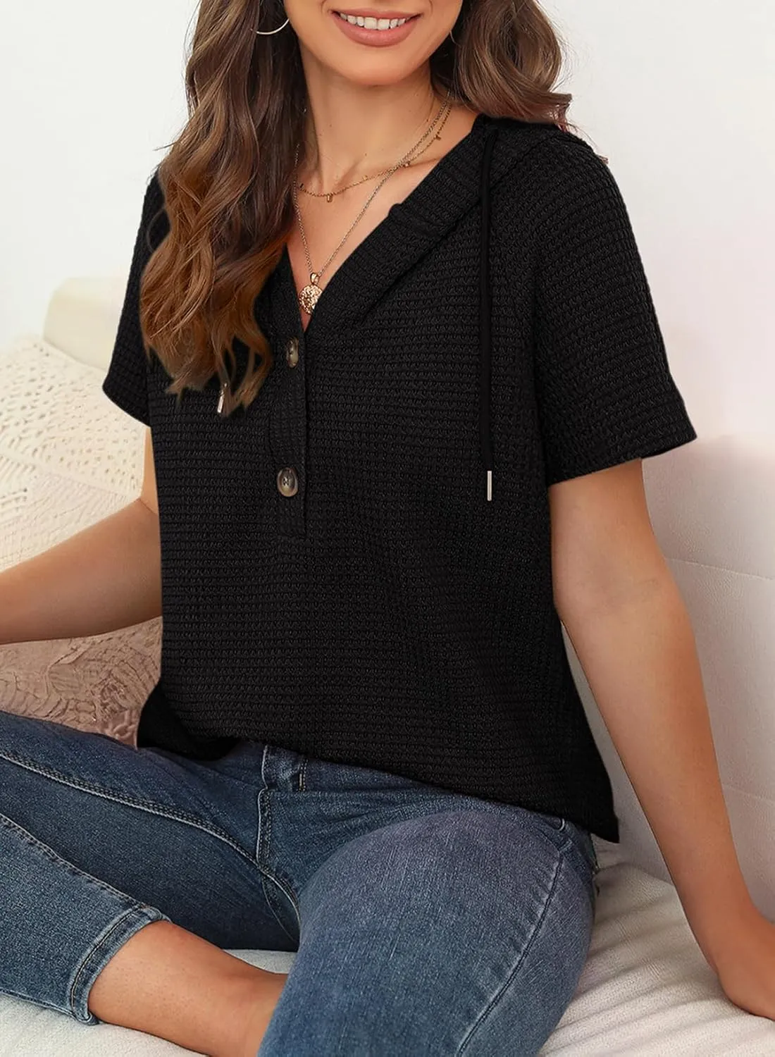 Dokotoo Womens Summer Tops Waffle Knit Short Sleeve Lightweight Drawstring Hoodies Button V Neck Casual Blouses Shirts