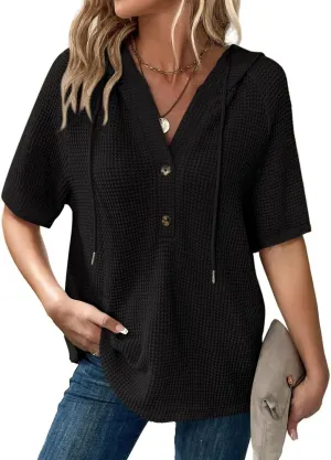 Dokotoo Womens Summer Tops Waffle Knit Short Sleeve Lightweight Drawstring Hoodies Button V Neck Casual Blouses Shirts