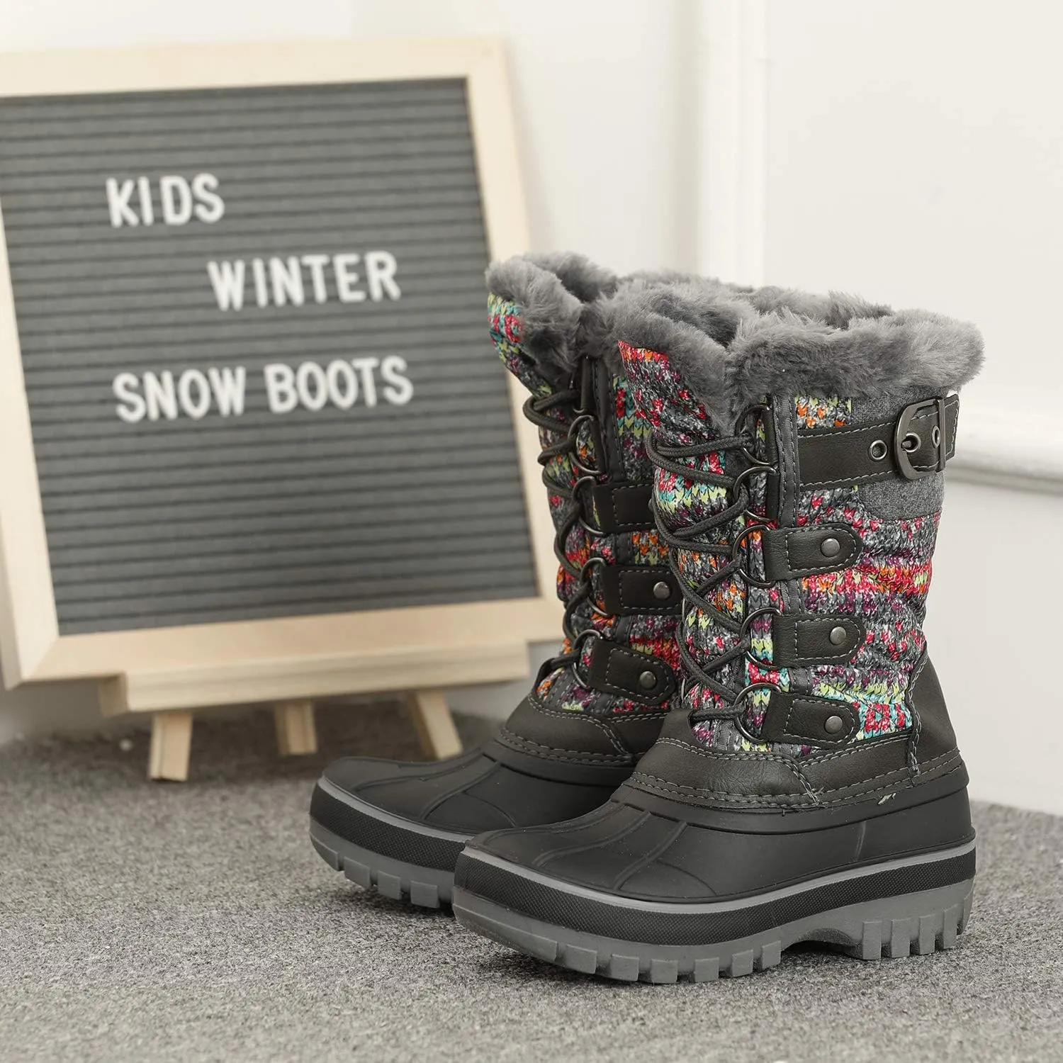 DREAM PAIRS Boys Girls Snow Boots Water-Resistant Outdoor Warm Cozy Anti-Slip Mid Calf Faux Fur Lining Insulated Winter Shoes for Little/Big Kids