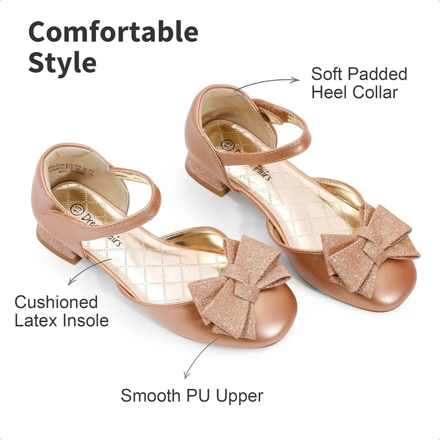 DREAM PAIRS Girls Dress Shoes Closed Toe Low Heels Ankle Strap Bow Ballet Wedding Party Sandals Princess Flower Shoes