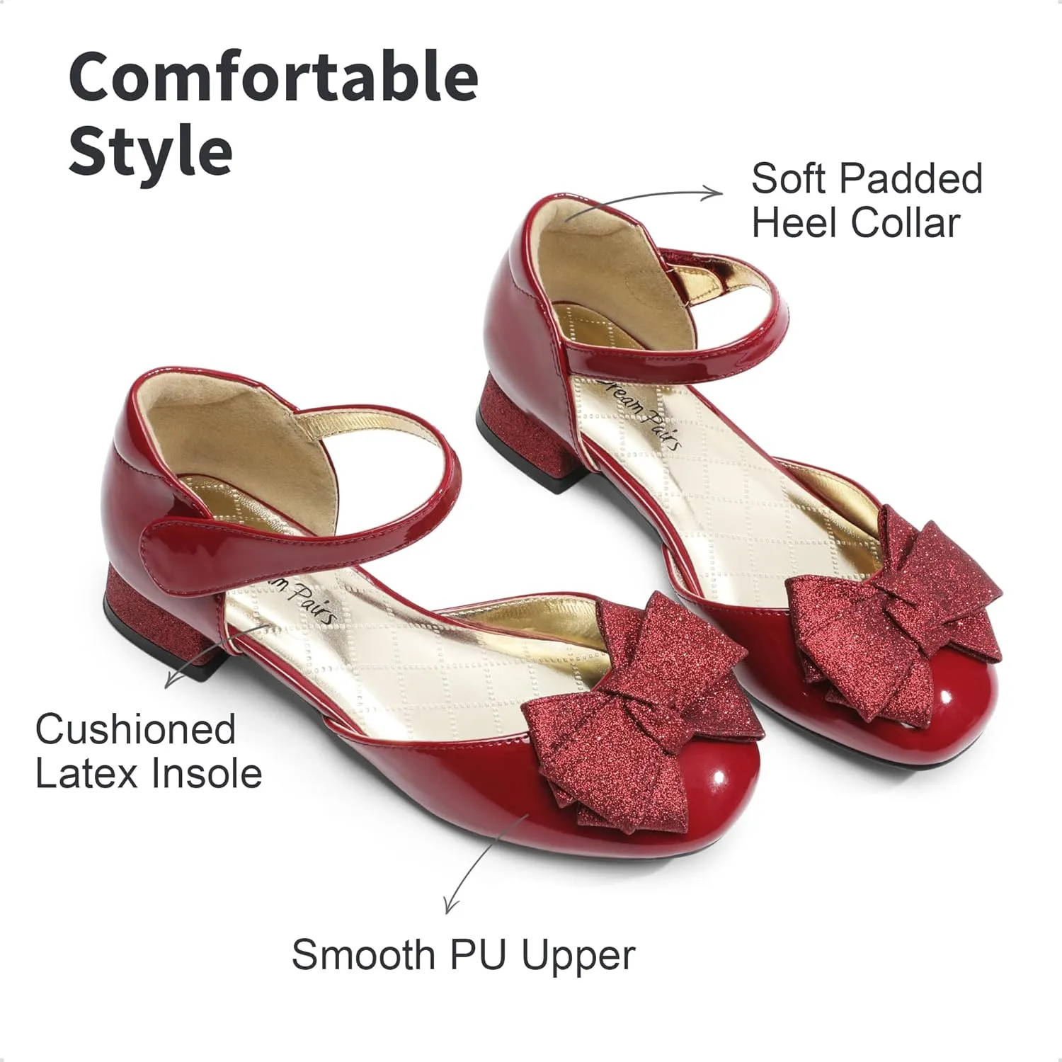 DREAM PAIRS Girls Dress Shoes Closed Toe Low Heels Ankle Strap Bow Ballet Wedding Party Sandals Princess Flower Shoes