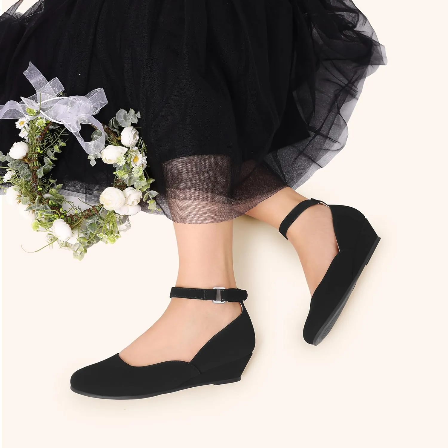 DREAM PAIRS Girls Dress Shoes Low Wedge Heels Ankle Strap Wedding Flower Party Pump for Toddler Little Big Kid