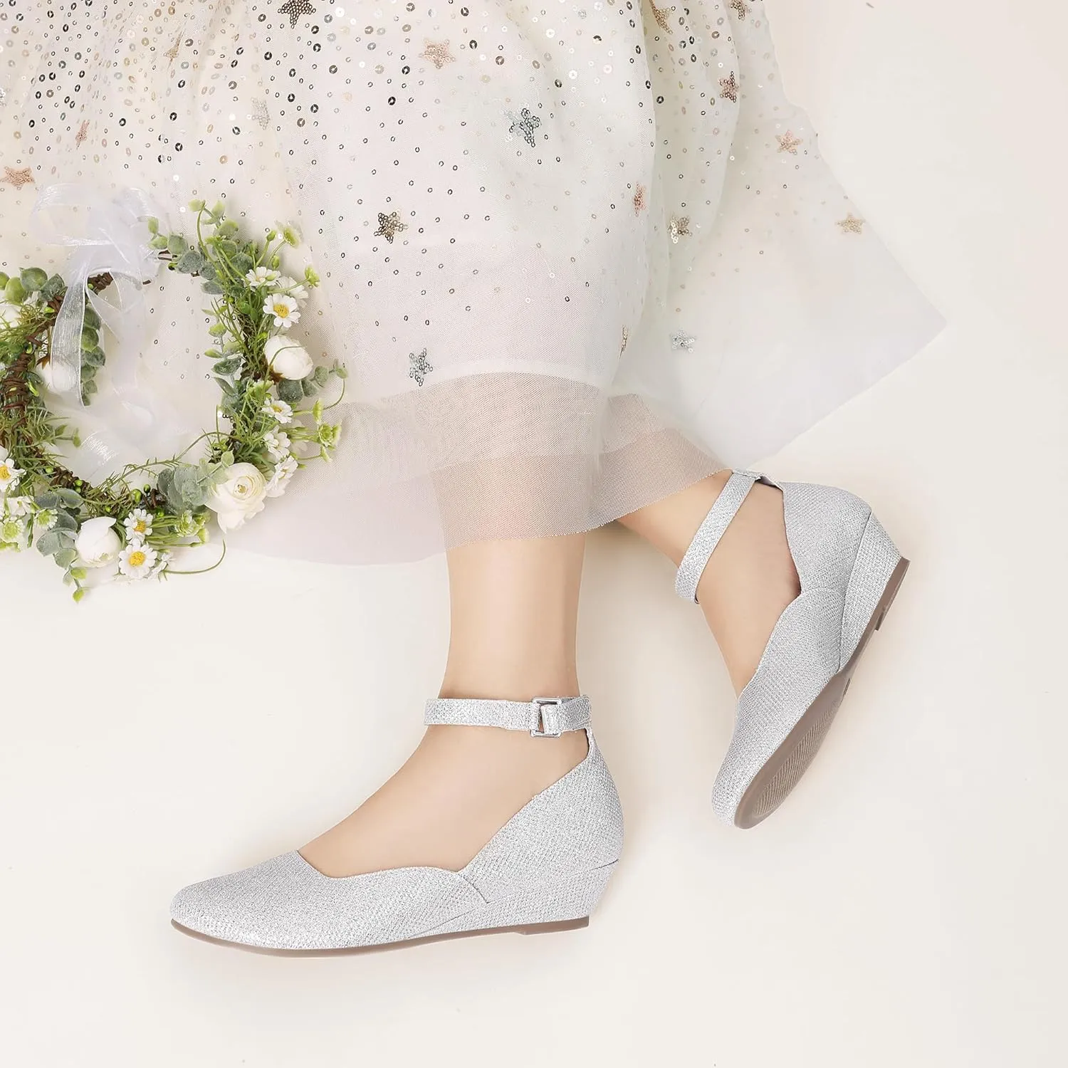 DREAM PAIRS Girls Dress Shoes Low Wedge Heels Ankle Strap Wedding Flower Party Pump for Toddler Little Big Kid