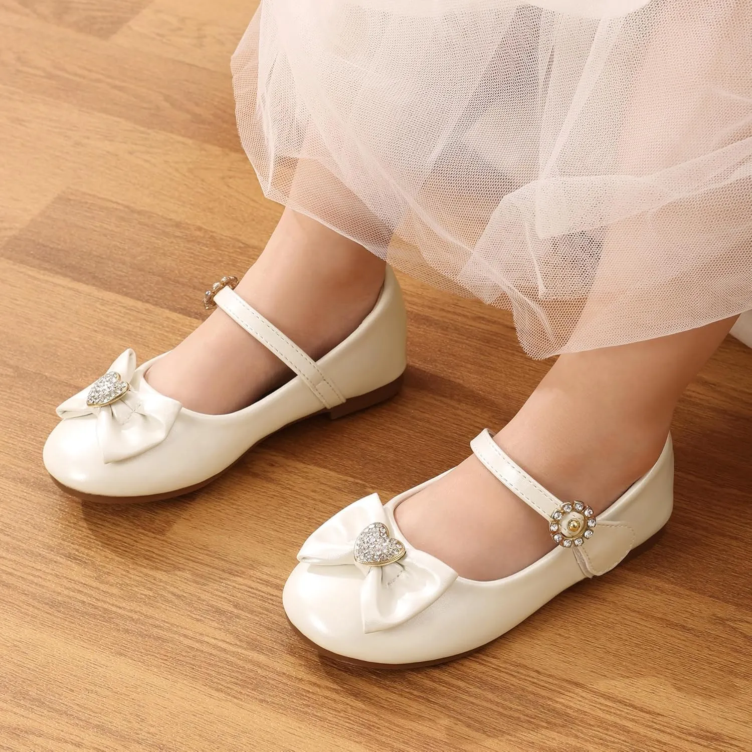 DREAM PAIRS Girls Mary Jane Dress Shoes for Toddler Heart Rhinestone Front Bow Ballerina Flat (Toddler/Little Kid)