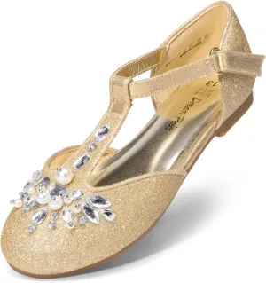 DREAM PAIRS Girls Mary Jane Dress Shoes Pearl T-Strap Party Flower Wedding Princess Flats for Toddler Little Big Kid