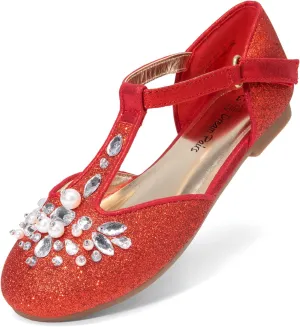 DREAM PAIRS Girls Mary Jane Dress Shoes Pearl T-Strap Party Flower Wedding Princess Flats for Toddler Little Big Kid