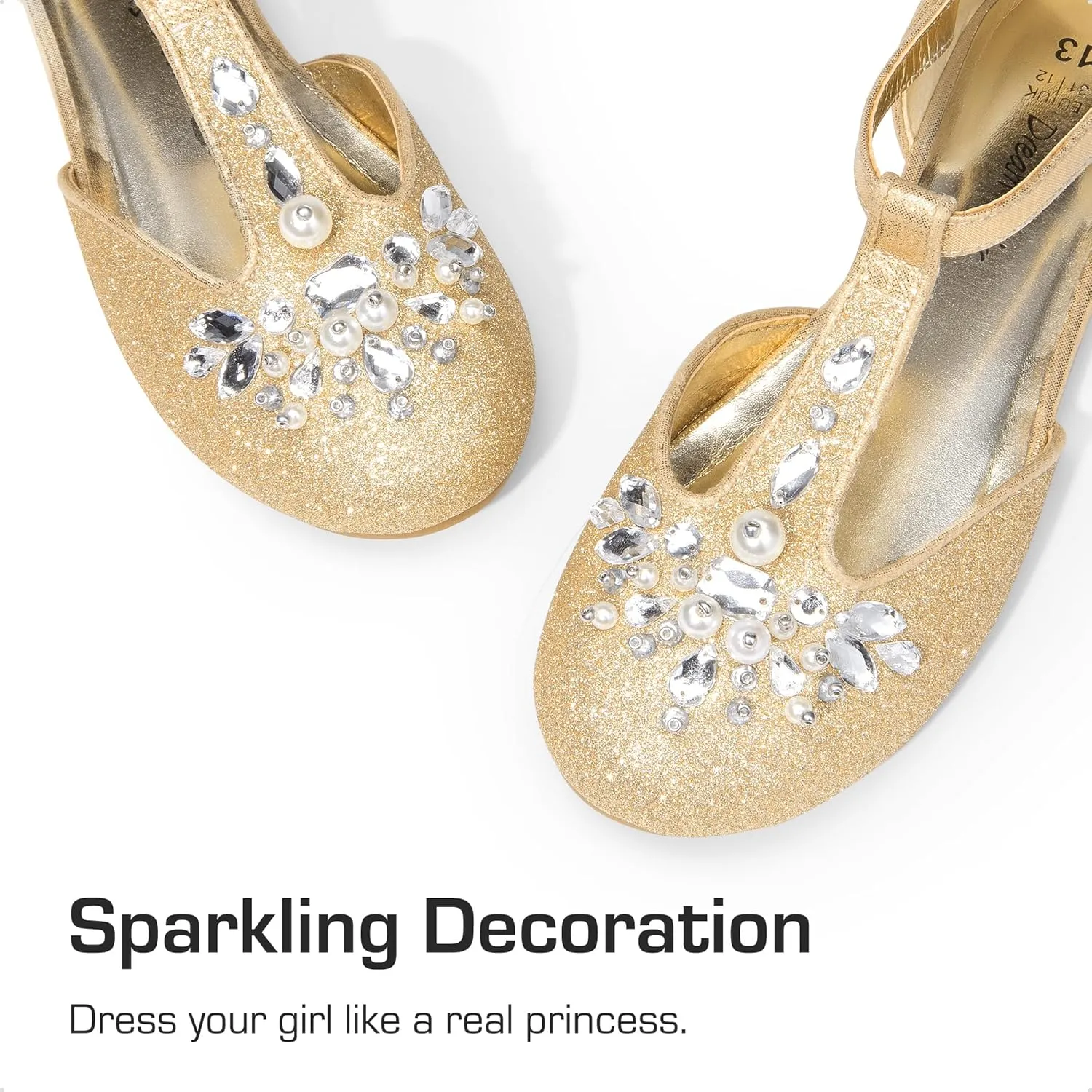 DREAM PAIRS Girls Mary Jane Dress Shoes Pearl T-Strap Party Flower Wedding Princess Flats for Toddler Little Big Kid