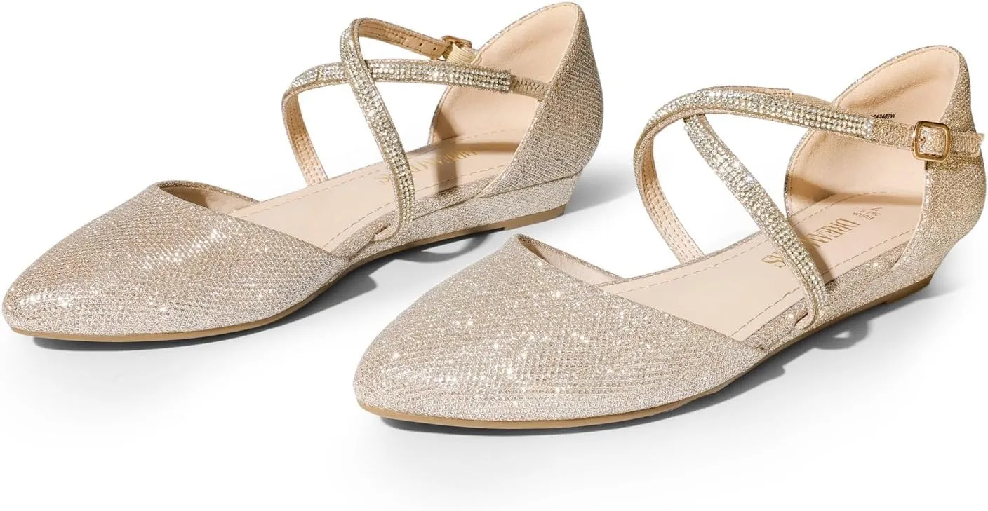DREAM PAIRS Pointed Toe Low Wedge Heeled Ankle Strap Flats Shoes for Women Dressy Comfortable, Casual Slip-on Dress Shoes for Business Office and Work