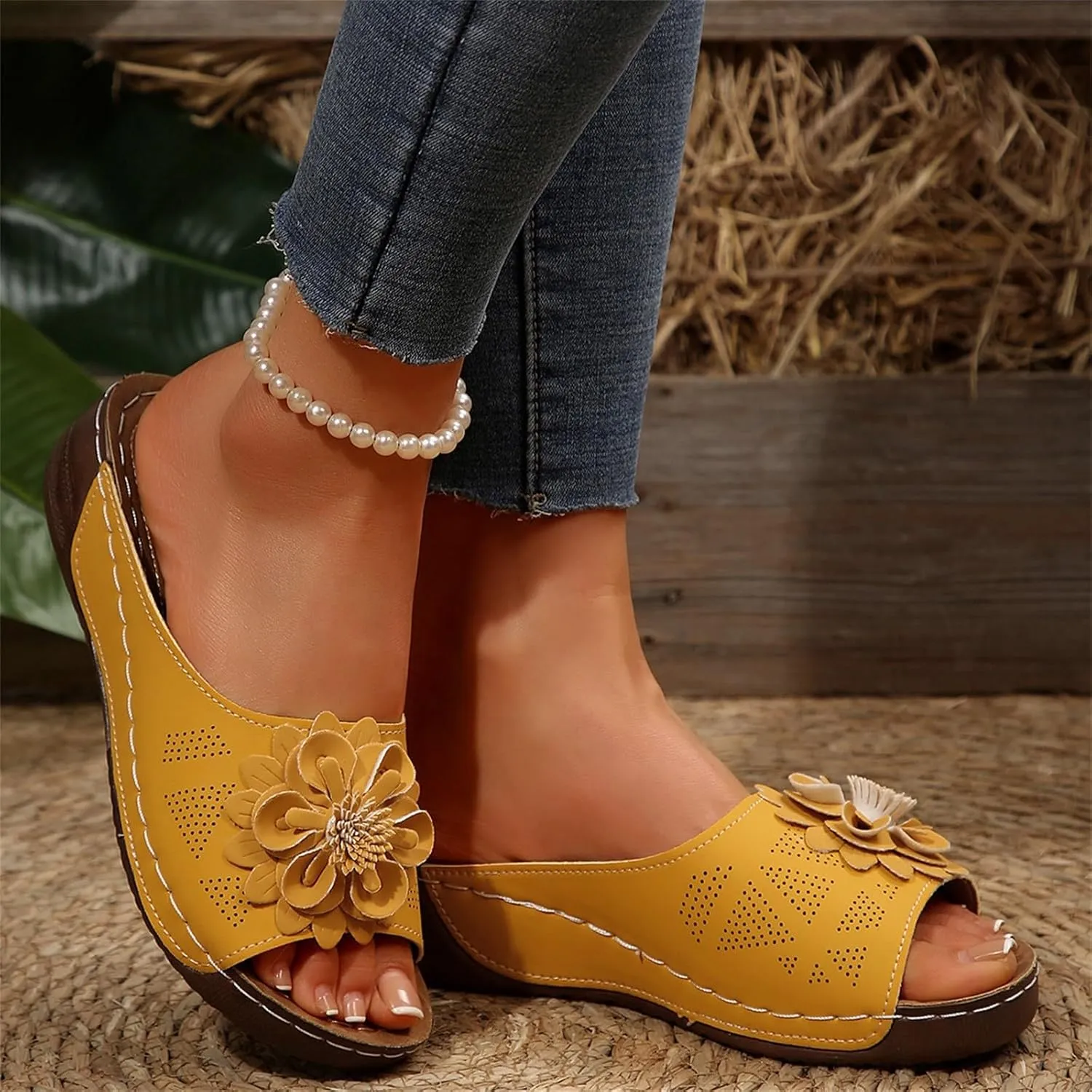 Dress Sandals for Women 2025 Comfortable Flower Sandals for Women Orthopedic Summer Beach Platform Leather Wedge Arch Support