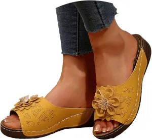 Dress Sandals for Women 2025 Comfortable Flower Sandals for Women Orthopedic Summer Beach Platform Leather Wedge Arch Support