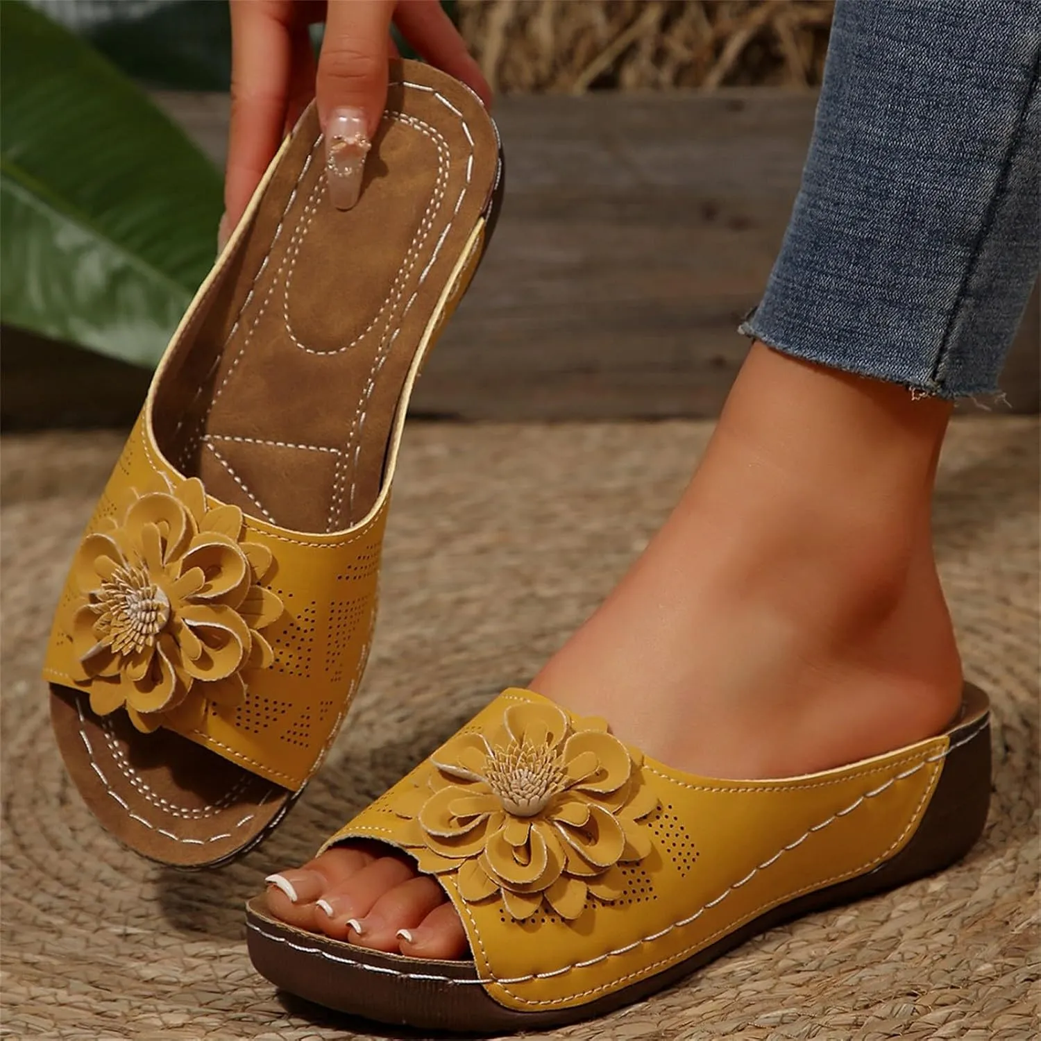 Dress Sandals for Women 2025 Comfortable Flower Sandals for Women Orthopedic Summer Beach Platform Leather Wedge Arch Support