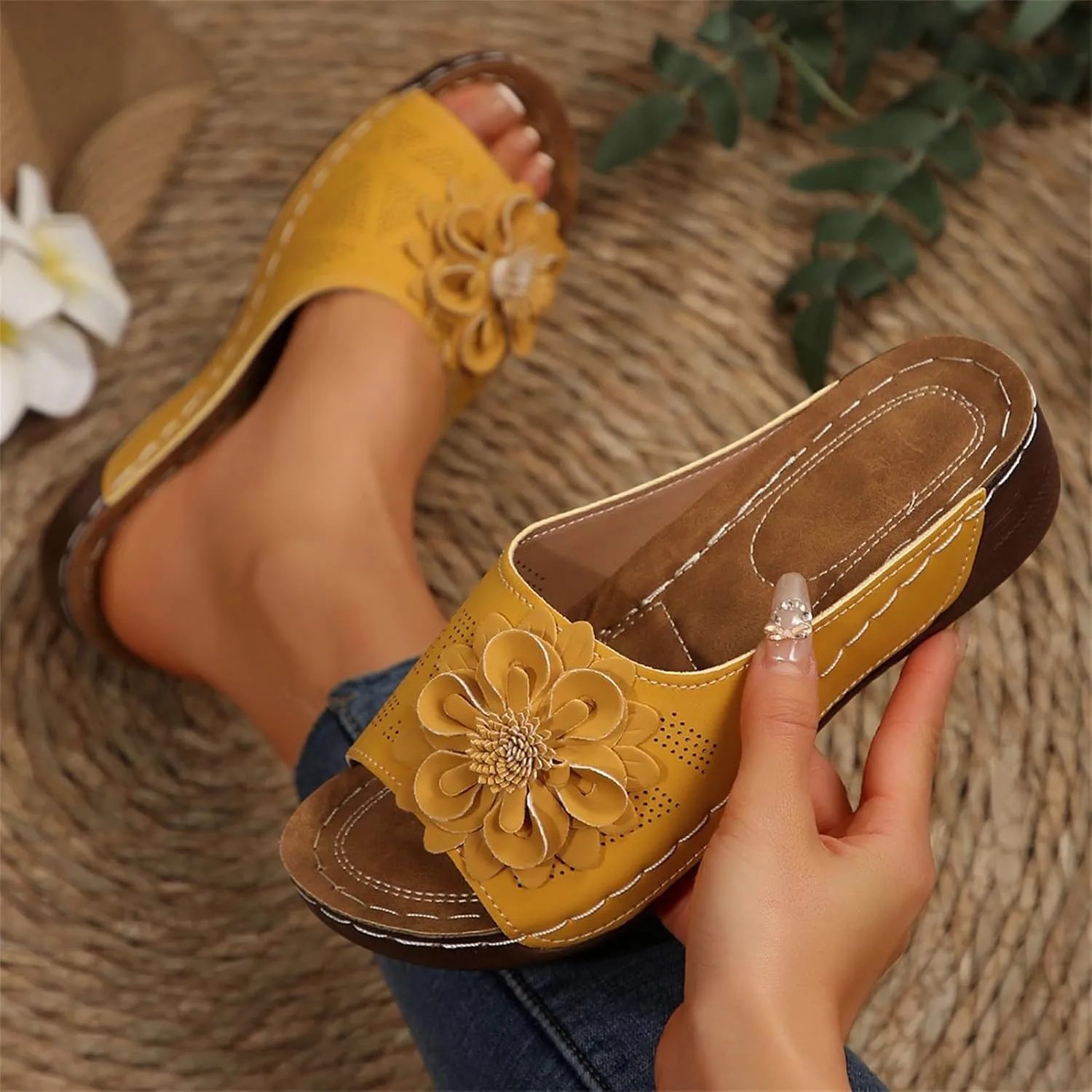 Dress Sandals for Women 2025 Comfortable Flower Sandals for Women Orthopedic Summer Beach Platform Leather Wedge Arch Support