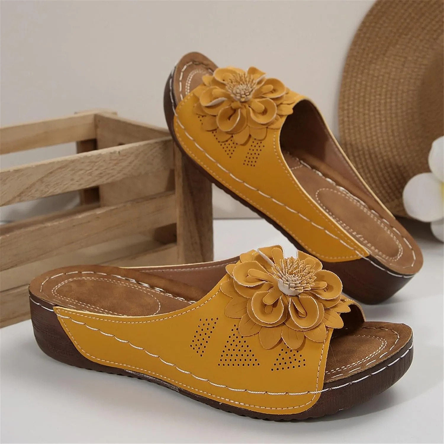 Dress Sandals for Women 2025 Comfortable Flower Sandals for Women Orthopedic Summer Beach Platform Leather Wedge Arch Support
