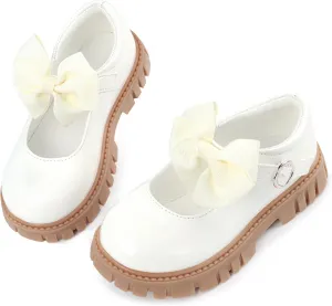 Dress Shoes for Girls Bow Flower Girl Mary Jane Flats Little Girl Dress Shoes for Wedding, Party, Birthday