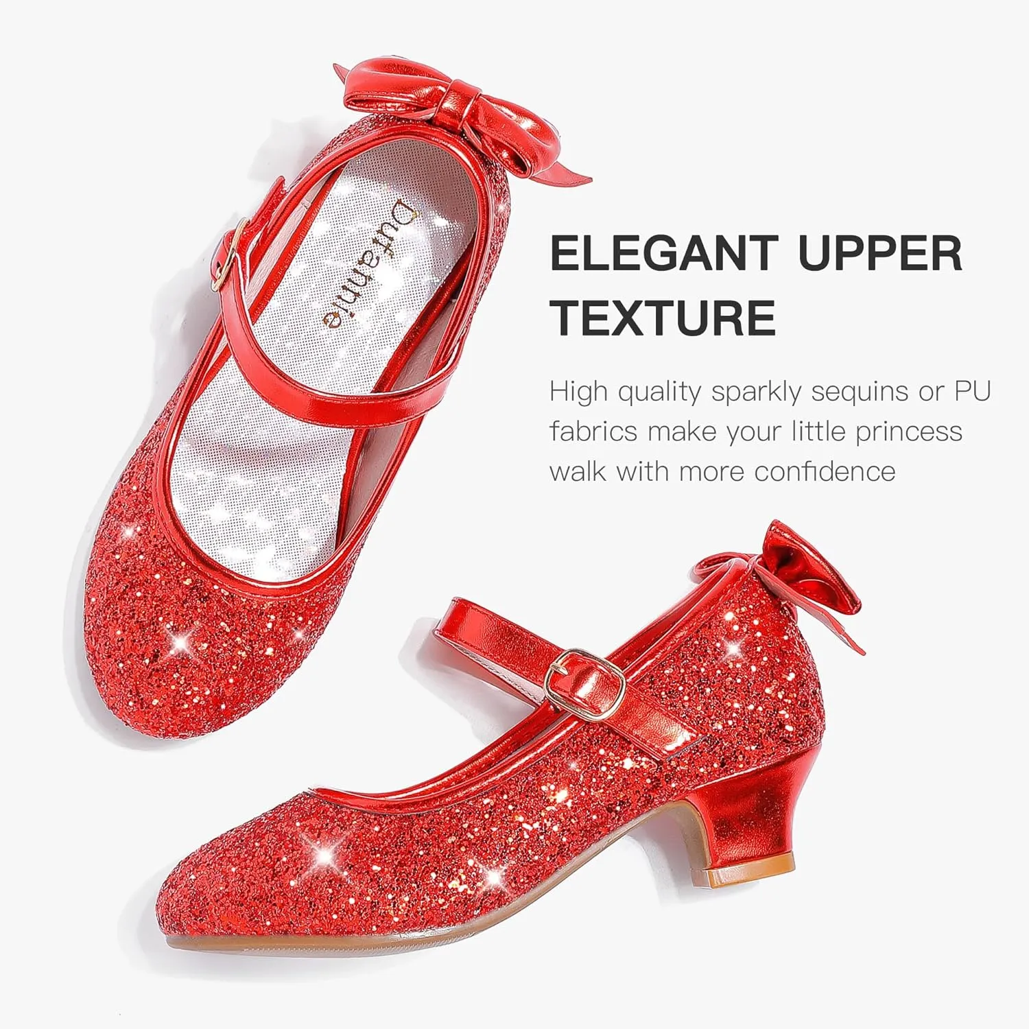 Dufannie Red Girls Low Heel Sparkly Princess Shoes Glitter Toddler Flats Casual Party Dress Shoes for Little Big Kids