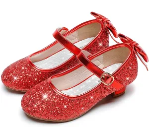 Dufannie Red Girls Low Heel Sparkly Princess Shoes Glitter Toddler Flats Casual Party Dress Shoes for Little Big Kids
