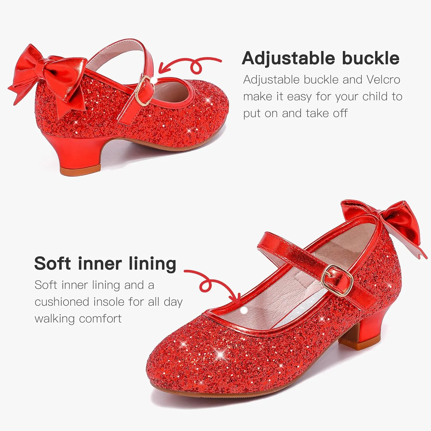 Dufannie Red Girls Low Heel Sparkly Princess Shoes Glitter Toddler Flats Casual Party Dress Shoes for Little Big Kids