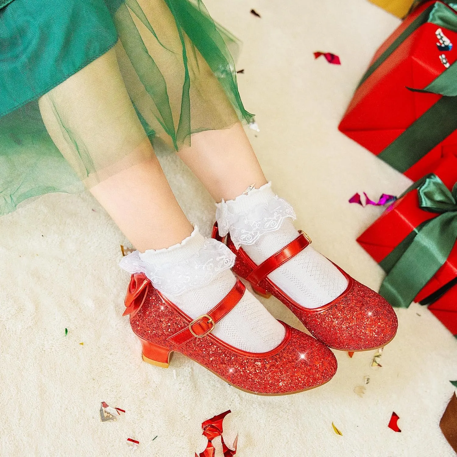 Dufannie Red Girls Low Heel Sparkly Princess Shoes Glitter Toddler Flats Casual Party Dress Shoes for Little Big Kids