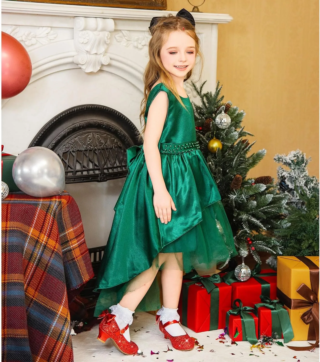 Dufannie Red Girls Low Heel Sparkly Princess Shoes Glitter Toddler Flats Casual Party Dress Shoes for Little Big Kids
