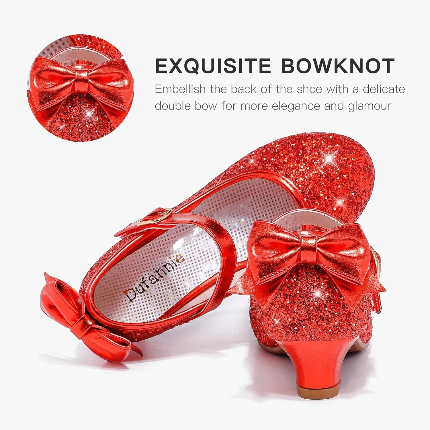 Dufannie Red Girls Low Heel Sparkly Princess Shoes Glitter Toddler Flats Casual Party Dress Shoes for Little Big Kids