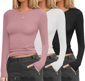 Ekouaer Womens 3 Pack Long Sleeve Shirts Fitted Tops Base Layering Tight Thermal Undershirts S-XXL