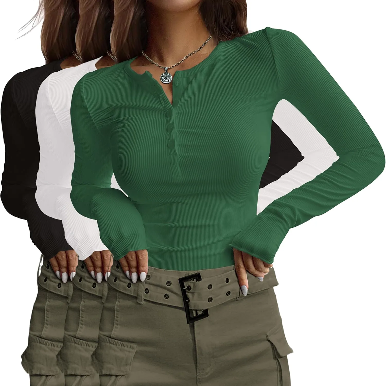 Ekouaer Women's Long Sleeve Shirts 3 Packs Henley Button Down Tops Ribbed Slim Fit Base Layer Soft Thermal Tee