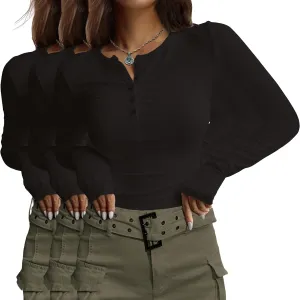 Ekouaer Women's Long Sleeve Shirts 3 Packs Henley Button Down Tops Ribbed Slim Fit Base Layer Soft Thermal Tee
