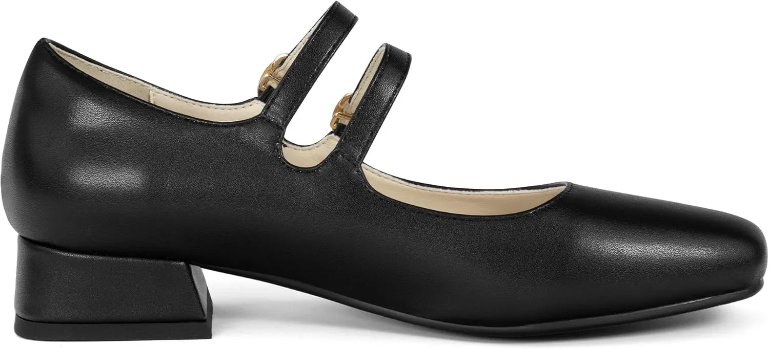 Elerhythm Women's Mary Jane Square Closed Toe Casual with Double Ankle Strap Dressy Flats Chunky Block Low Heel Elegantes Comfortable Soft Cute Shoes