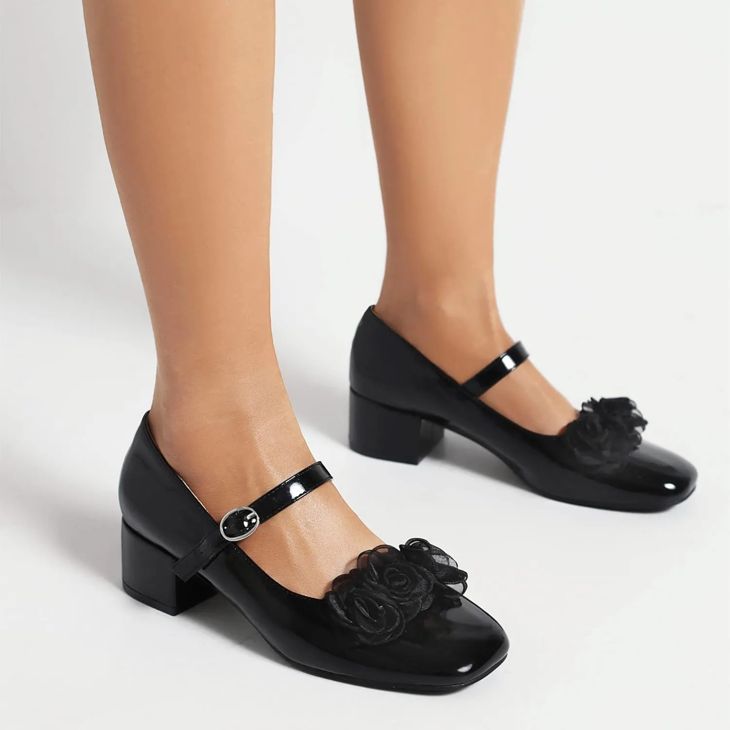 Elerhythm Women's Mary Jane Square Closed Toe Casual with Double Ankle Strap Dressy Flats Chunky Block Low Heel Elegantes Comfortable Soft Cute Shoes