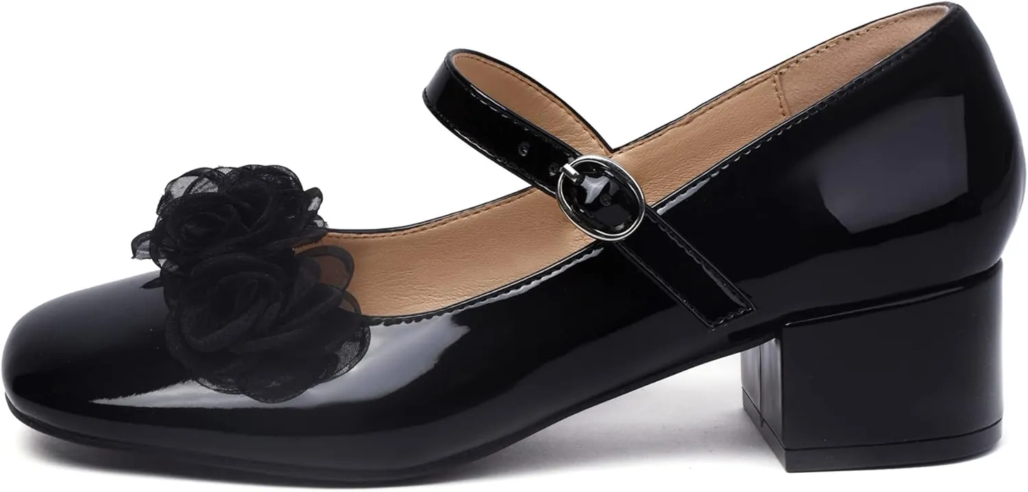 Elerhythm Women's Mary Jane Square Closed Toe Casual with Double Ankle Strap Dressy Flats Chunky Block Low Heel Elegantes Comfortable Soft Cute Shoes