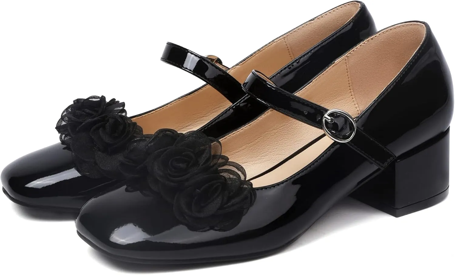 Elerhythm Women's Mary Jane Square Closed Toe Casual with Double Ankle Strap Dressy Flats Chunky Block Low Heel Elegantes Comfortable Soft Cute Shoes