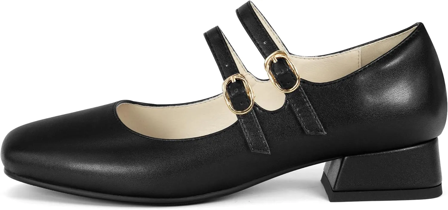 Elerhythm Women's Mary Jane Square Closed Toe Casual with Double Ankle Strap Dressy Flats Chunky Block Low Heel Elegantes Comfortable Soft Cute Shoes