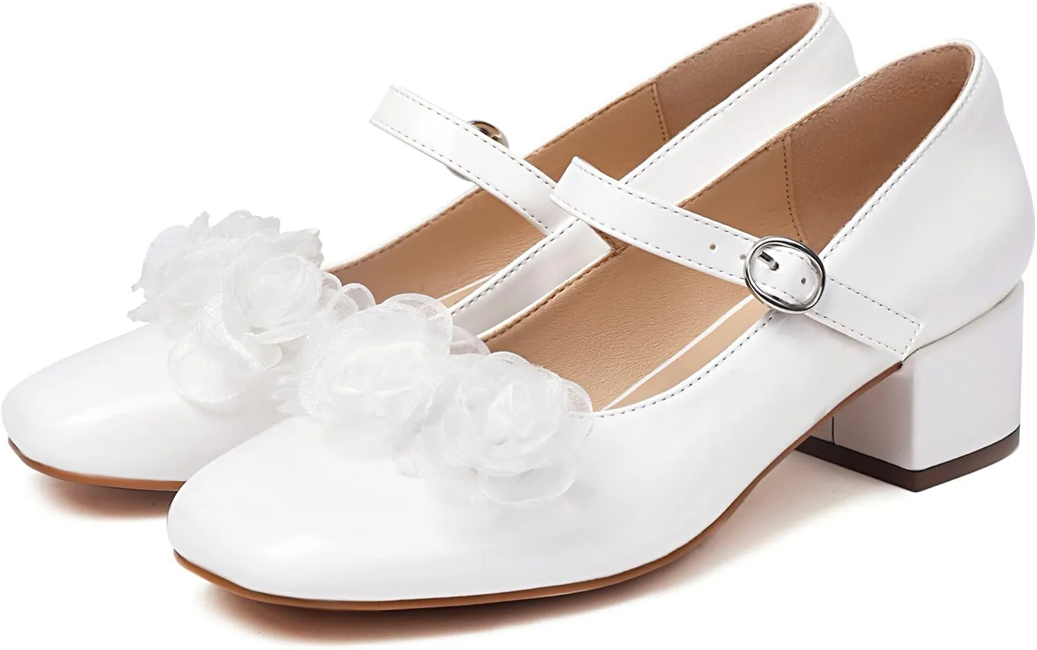Elerhythm Women's Mary Jane Square Closed Toe Casual with Double Ankle Strap Dressy Flats Chunky Block Low Heel Elegantes Comfortable Soft Cute Shoes