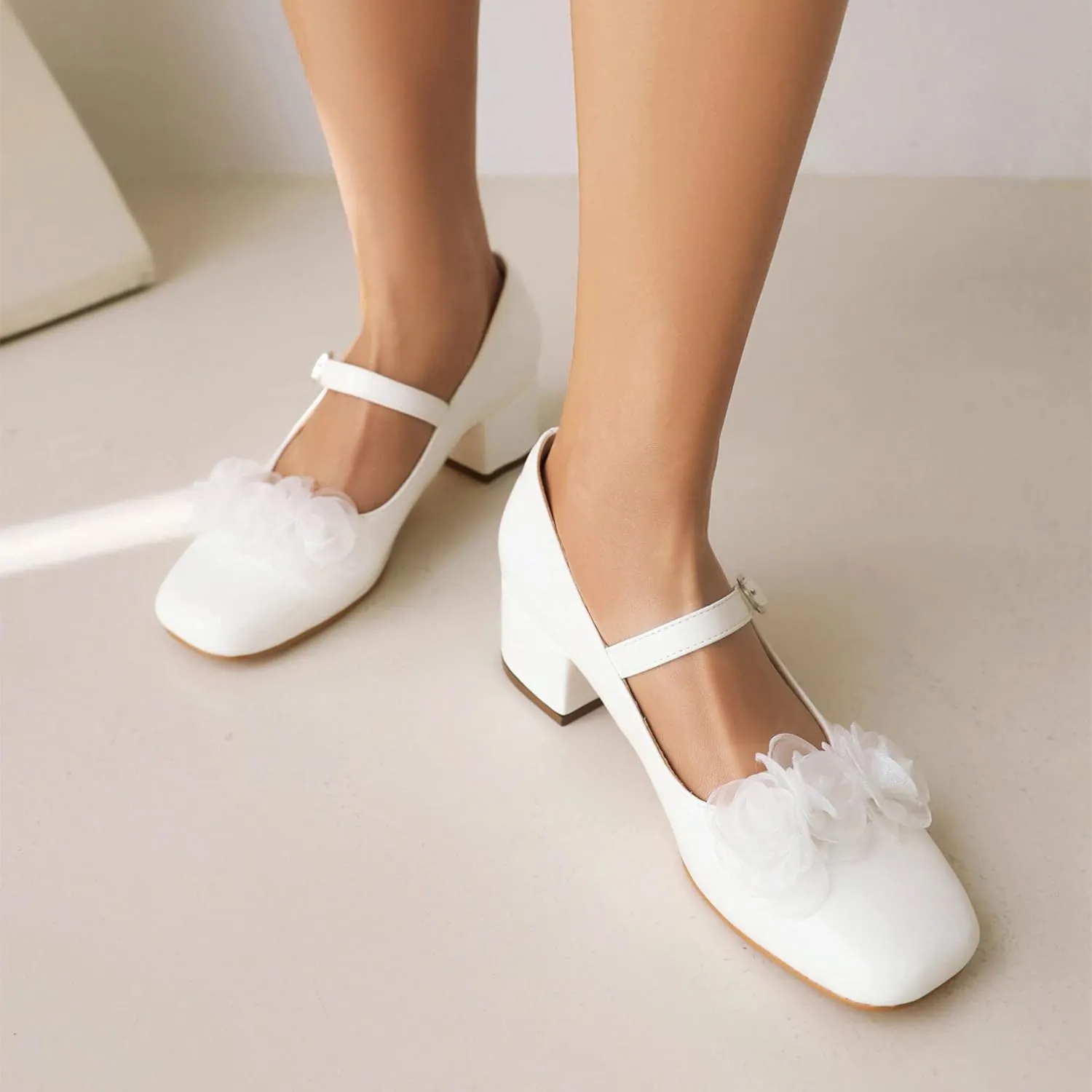 Elerhythm Women's Mary Jane Square Closed Toe Casual with Double Ankle Strap Dressy Flats Chunky Block Low Heel Elegantes Comfortable Soft Cute Shoes