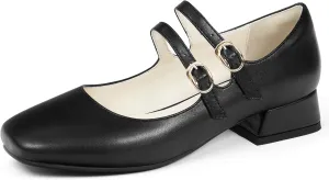Elerhythm Women's Mary Jane Square Closed Toe Casual with Double Ankle Strap Dressy Flats Chunky Block Low Heel Elegantes Comfortable Soft Cute Shoes