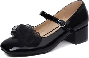 Elerhythm Women's Mary Jane Square Closed Toe Casual with Double Ankle Strap Dressy Flats Chunky Block Low Heel Elegantes Comfortable Soft Cute Shoes