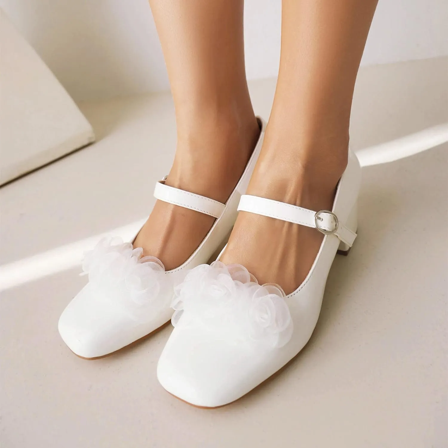 Elerhythm Women's Mary Jane Square Closed Toe Casual with Double Ankle Strap Dressy Flats Chunky Block Low Heel Elegantes Comfortable Soft Cute Shoes