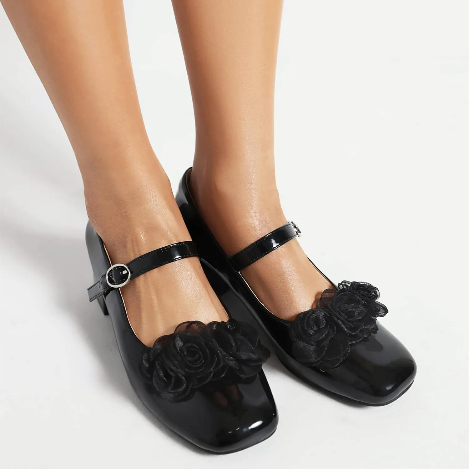 Elerhythm Women's Mary Jane Square Closed Toe Casual with Double Ankle Strap Dressy Flats Chunky Block Low Heel Elegantes Comfortable Soft Cute Shoes