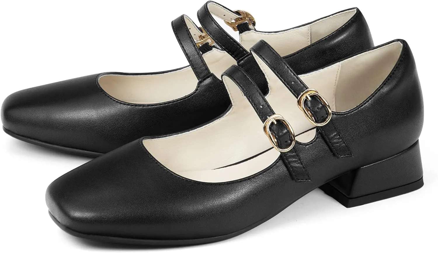 Elerhythm Women's Mary Jane Square Closed Toe Casual with Double Ankle Strap Dressy Flats Chunky Block Low Heel Elegantes Comfortable Soft Cute Shoes