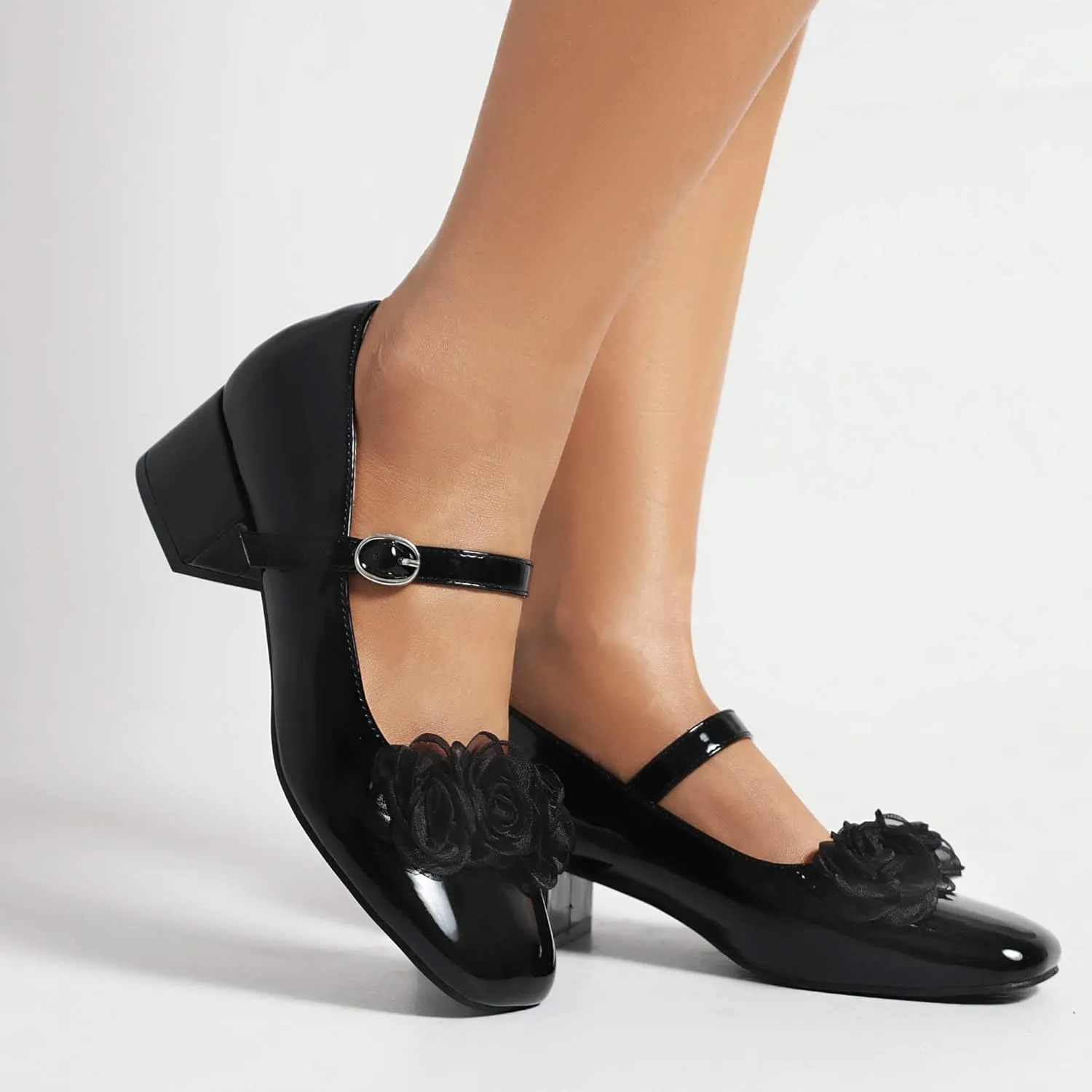 Elerhythm Women's Mary Jane Square Closed Toe Casual with Double Ankle Strap Dressy Flats Chunky Block Low Heel Elegantes Comfortable Soft Cute Shoes