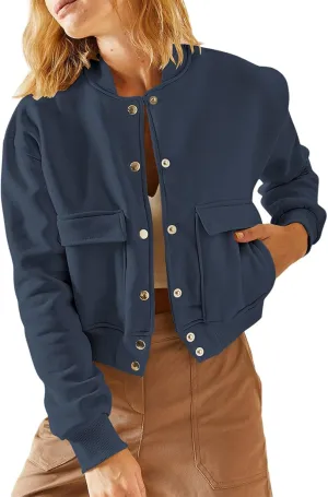 EVALESS Womens Jacket 2024 Fall Winter Long Sleeve Stand Collar Shacket with Side Pocket Lightweight Coat