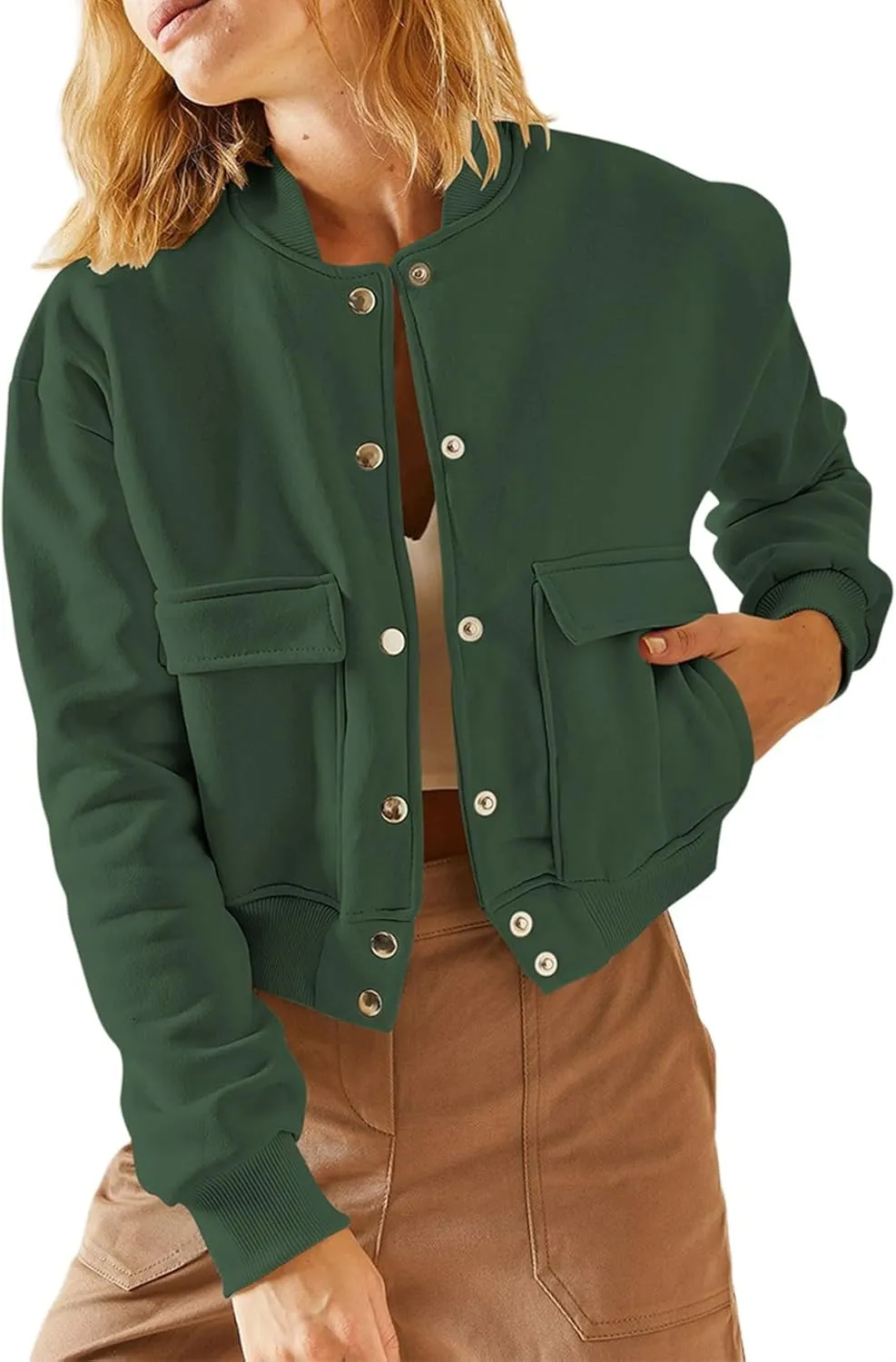 EVALESS Womens Jacket 2024 Fall Winter Long Sleeve Stand Collar Shacket with Side Pocket Lightweight Coat
