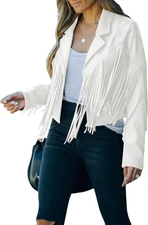 Faux Suede Tassel Jacket Womens Vintage Lapel Long Sleeve Fringe Cropped Cardigan Outwears
