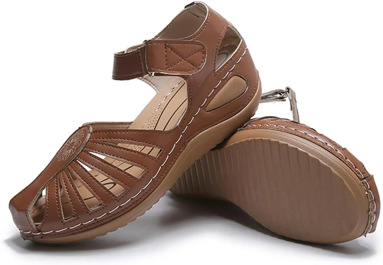 FFMA Sandals Womens Summer Wedge Sandals Closed Toe Ladies Orthopedic Sandal Roman Leather Sandals Platform Vintage Soft Wide Fit Summer Garden Shoes