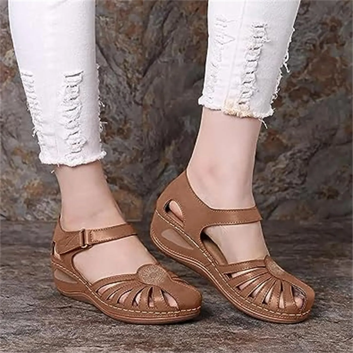 FFMA Sandals Womens Summer Wedge Sandals Closed Toe Ladies Orthopedic Sandal Roman Leather Sandals Platform Vintage Soft Wide Fit Summer Garden Shoes