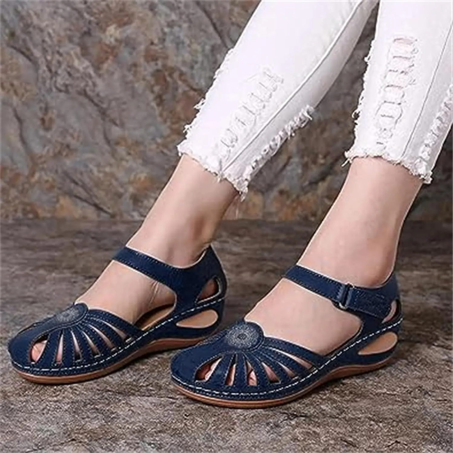 FFMA Sandals Womens Summer Wedge Sandals Closed Toe Ladies Orthopedic Sandal Roman Leather Sandals Platform Vintage Soft Wide Fit Summer Garden Shoes