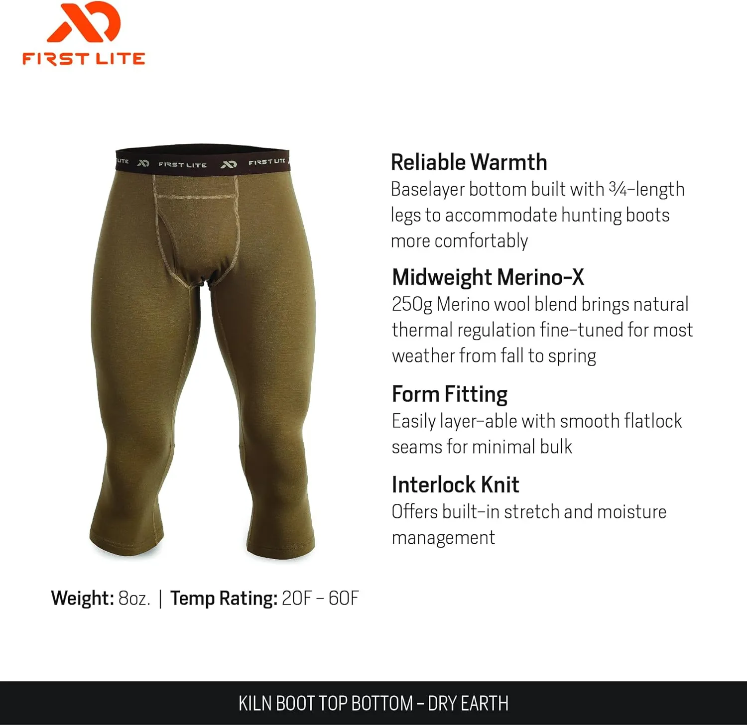 First Lite Men's Kiln Boot Top Bottom - Midweight Merino Wool Baselayer Camo Baselayer