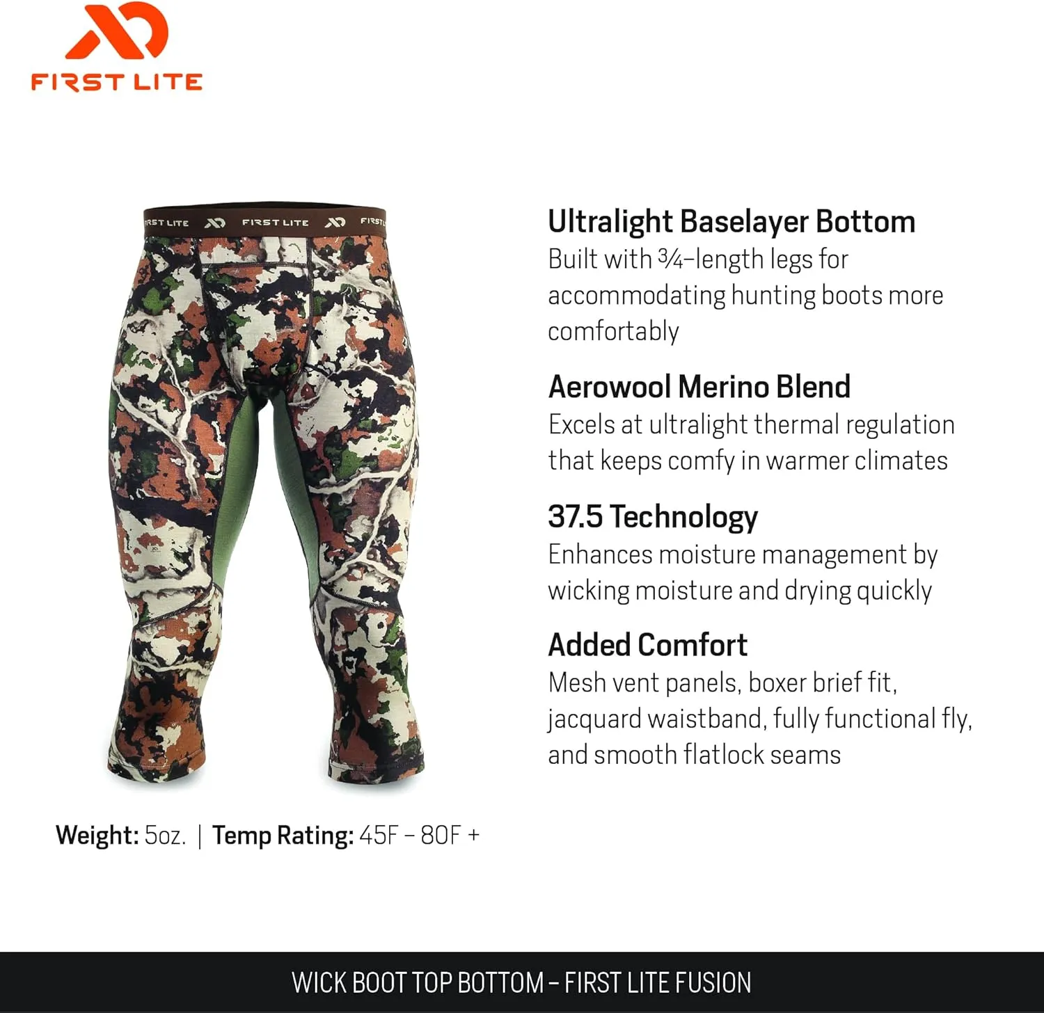First Lite Men's Wick Boot Top - Ultralight Merino Wool Baselayer Camo Pant Bottoms